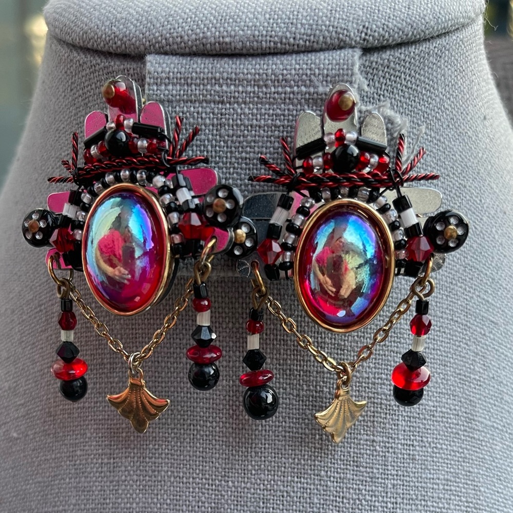 Vintage Signed Liztech Chandelier Art Glass Statement Earrings